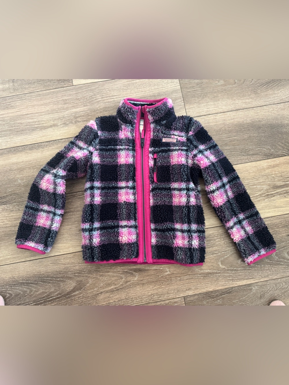 Girls Vineyard Vines Plush Plaid Zip-Up Fleece Jacket - Pink & Black